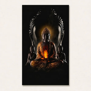 Toile Bouddha moderne de style birman avec flamme centrale, présentée sur fond uni
