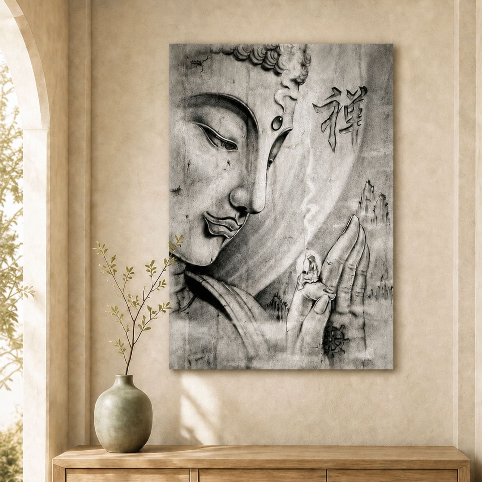 Toile Bouddha noir et blanc rectangulaire exposée au-dessus d’un meuble en bois clair