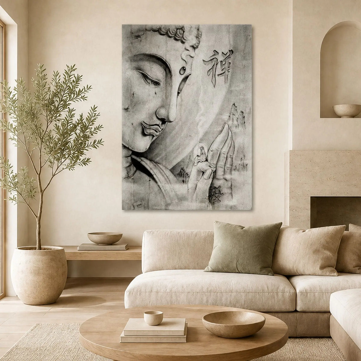 Toile Bouddha noir et blanc rectangulaire présentée dans un salon zen beige