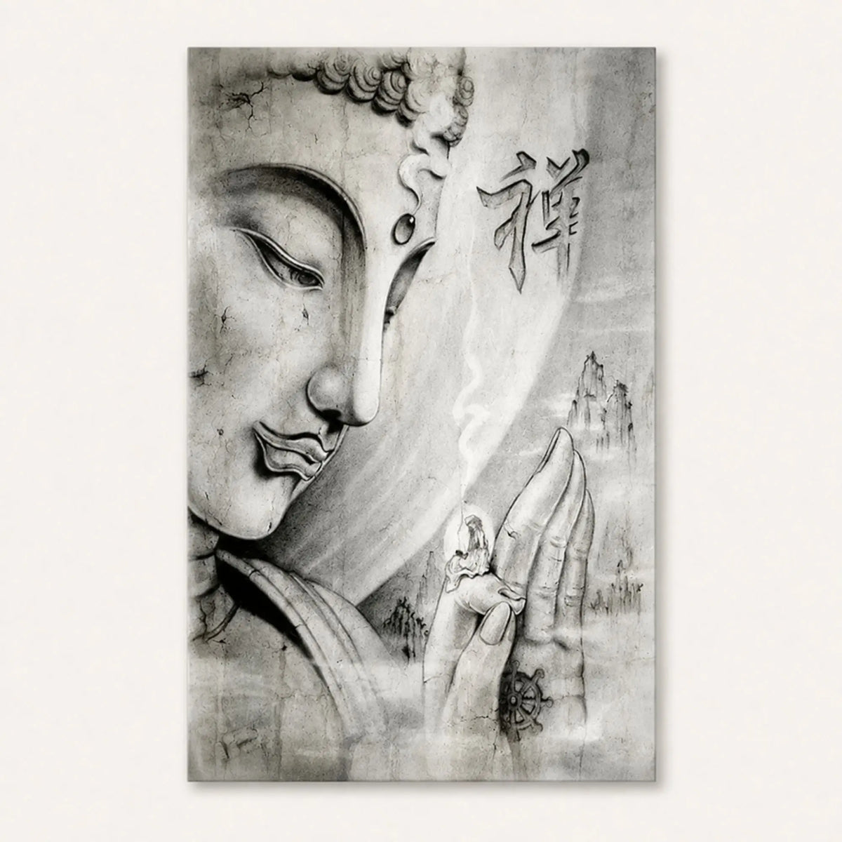 Toile Bouddha noir et blanc rectangulaire présentée sur fond uni clair
