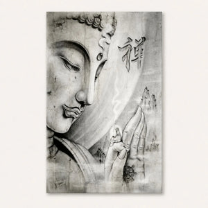 Toile Bouddha noir et blanc rectangulaire présentée sur fond uni clair