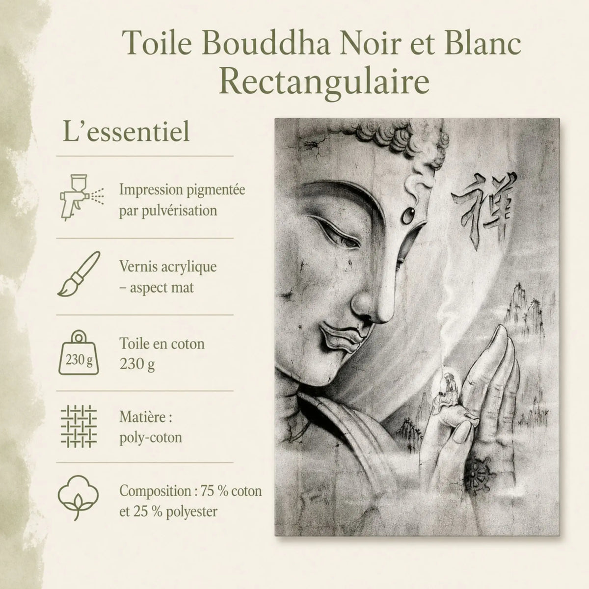 Infographie de la toile Bouddha noir et blanc rectangulaire en poly-coton 230 g