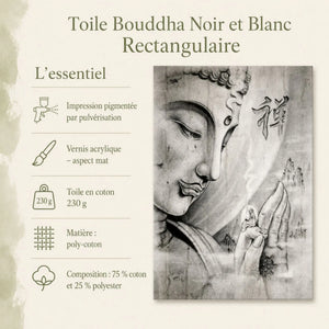 Infographie de la toile Bouddha noir et blanc rectangulaire en poly-coton 230 g