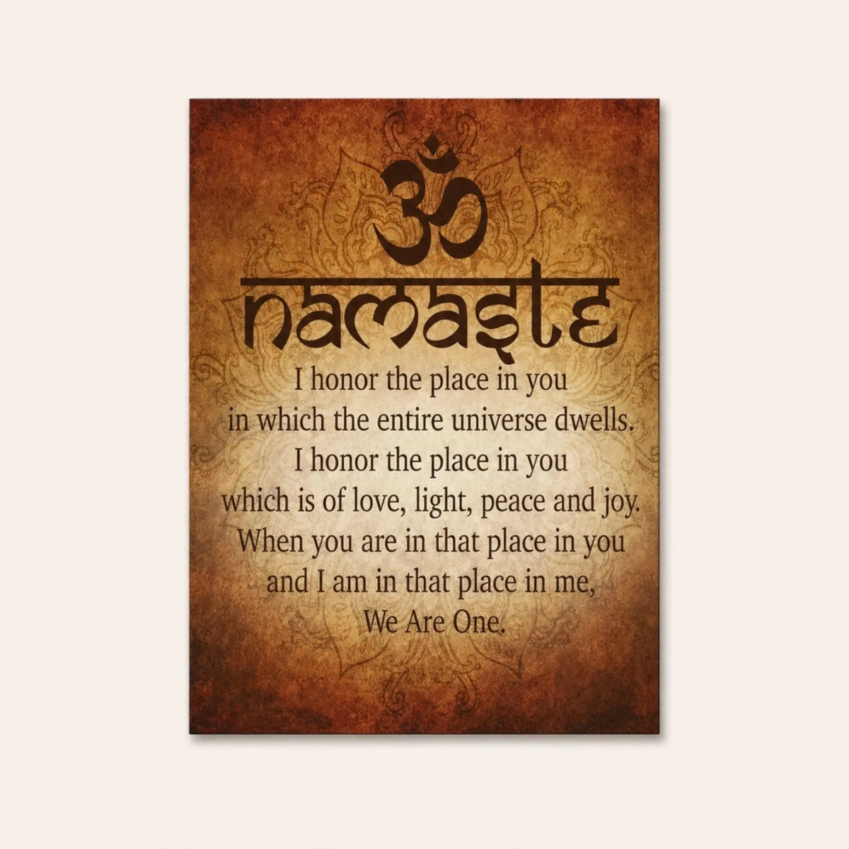 Toile Citation Bouddha Namaste sur fond blanc cassé uni, vue de face