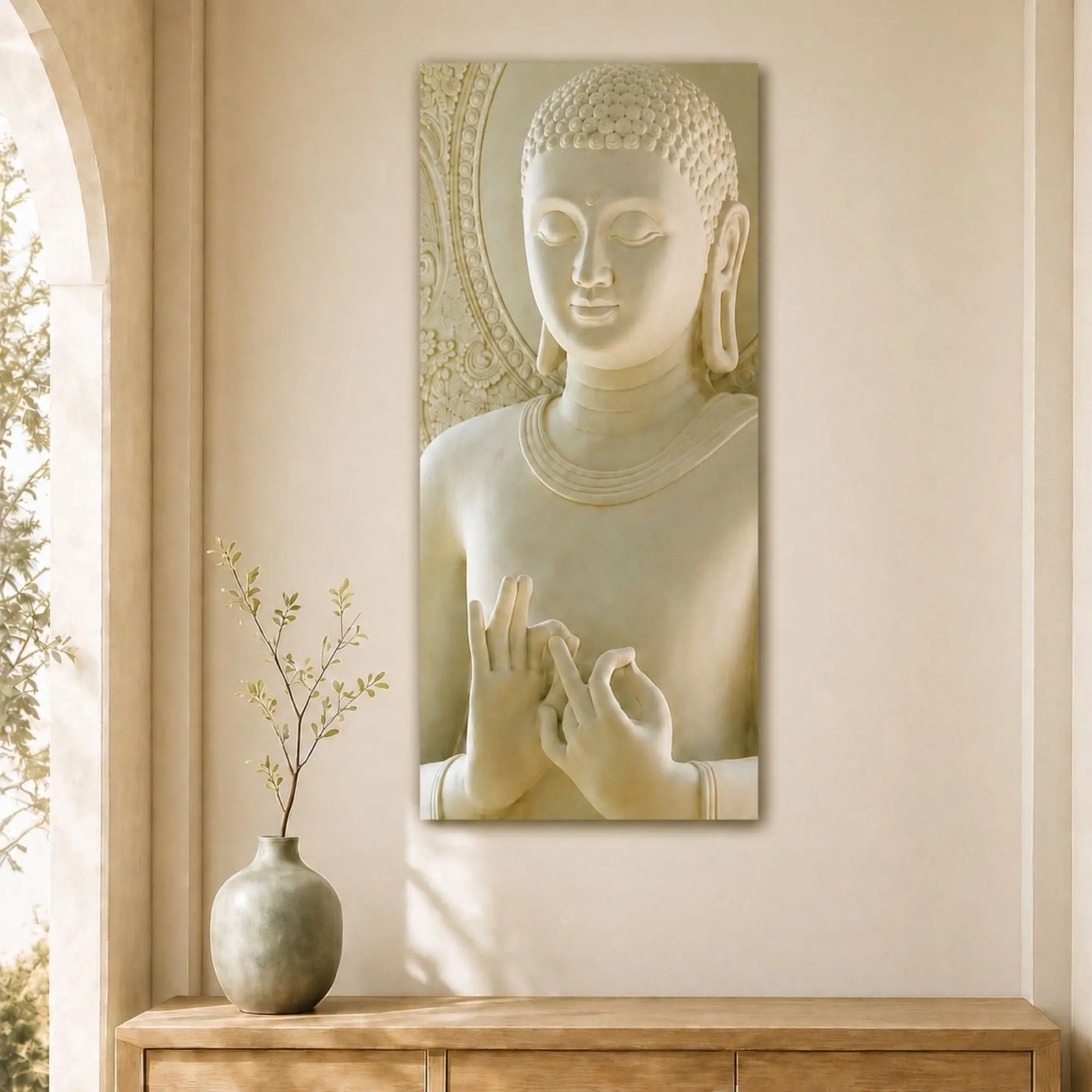 Tableau Bouddha blanc Dharmacakra-Mudrā présenté au-dessus d’un buffet en bois dans un intérieur lumineux