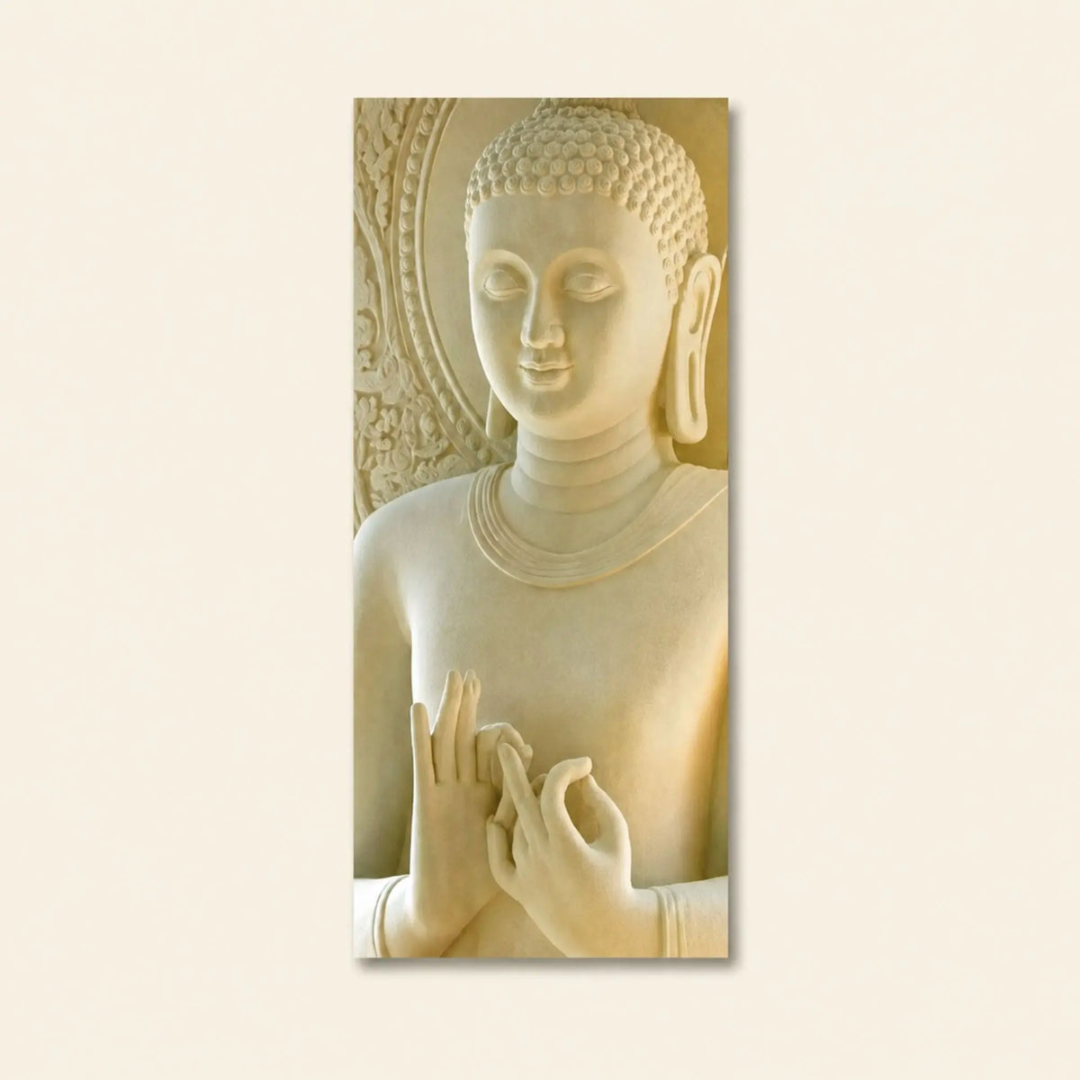 Toile Déco Bouddha Dharmacakra-Mudrā représentant un Bouddha blanc réalisant le geste de l’enseignement