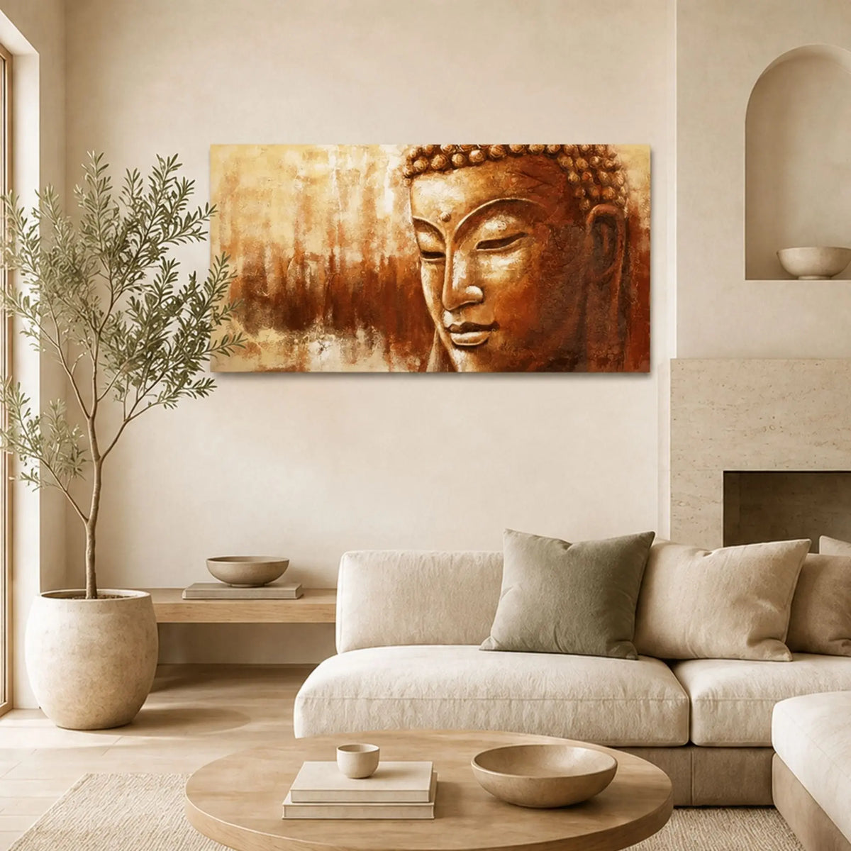 Toile peinture Bouddha au visage ocre et cuivré présentée dans un salon zen beige