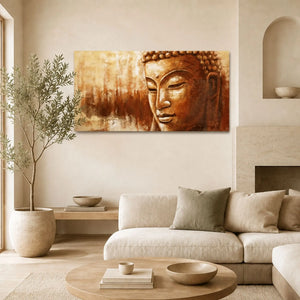 Toile peinture Bouddha au visage ocre et cuivré présentée dans un salon zen beige