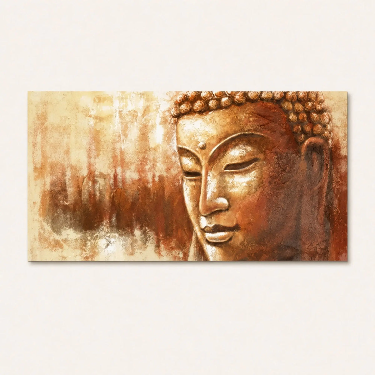 Toile peinture Bouddha au visage ocre et cuivré présentée sur fond uni