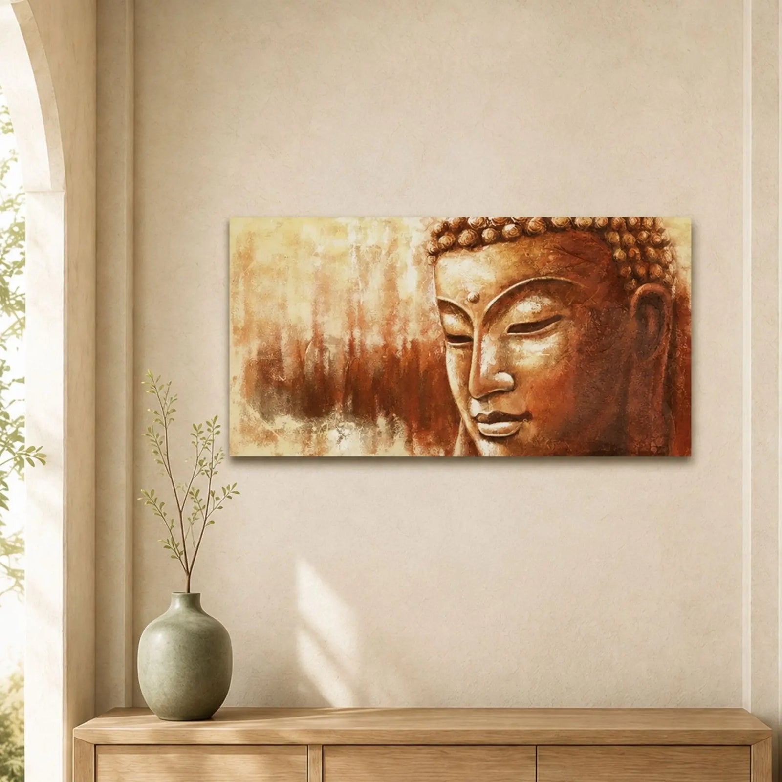 Toile peinture Bouddha au visage ocre et cuivré exposée au-dessus d’un meuble en bois
