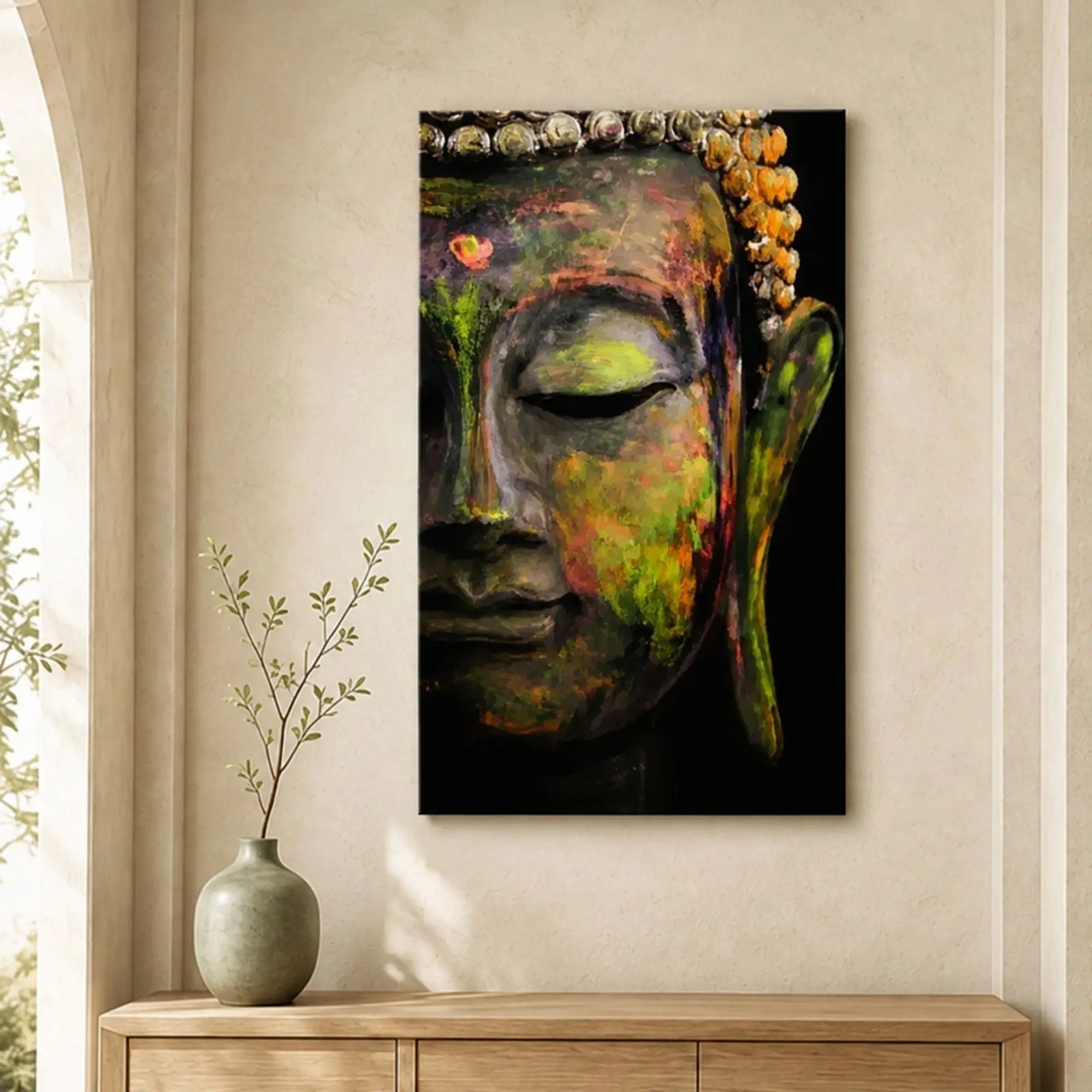 Toile visage de Bouddha peint multicolore exposée au-dessus d’un meuble en bois clair