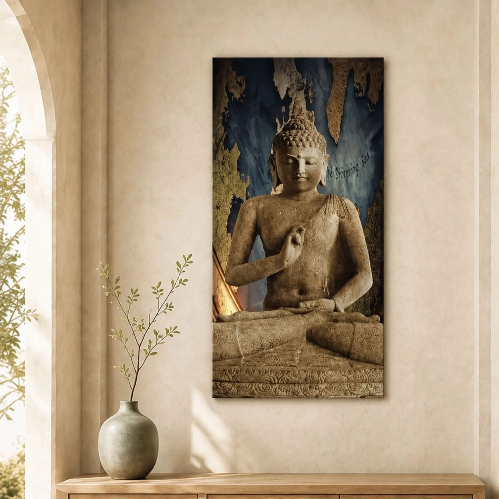 Toile Bouddha Birman Vitarka sur un mur beige, au-dessus d’un buffet en bois clair accompagné d’un vase.