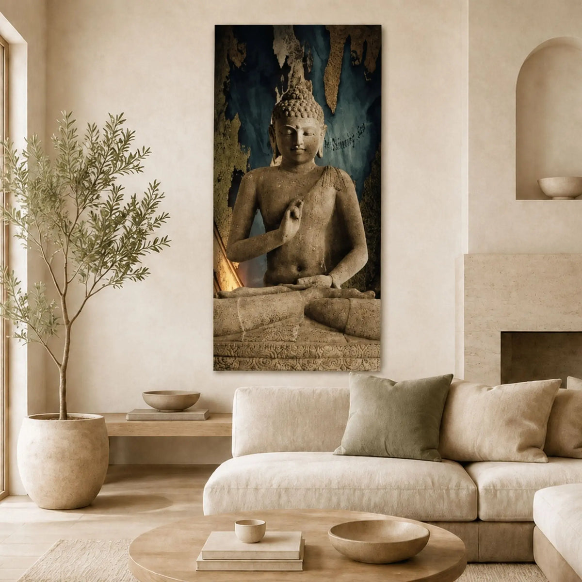 Toile imprimée Bouddha Birman Vitarka, représentant un Bouddha en pierre, présentée dans un salon beige au-dessus du canapé