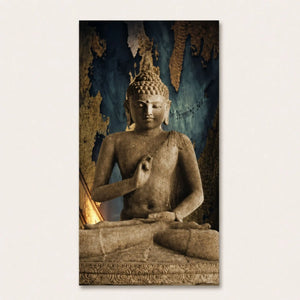 Toile rectangulaire Bouddha Birman Vitarka présentée sur fond ivoire uni, avec un Bouddha assis sur un décor bleu et doré