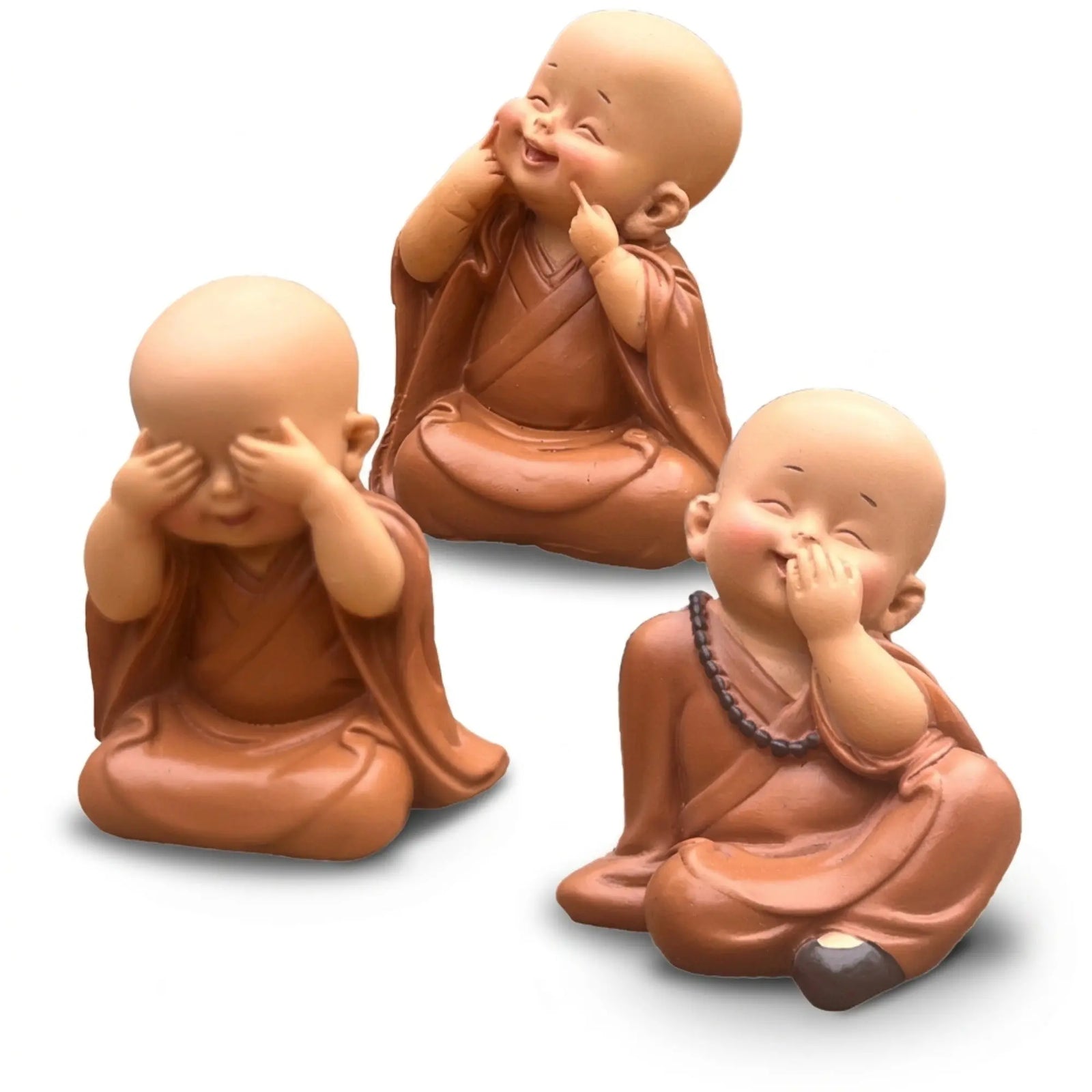 Trio de petits moines bouddhistes en résine – trois statuettes décoratives