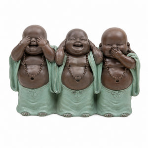 Trio de Bouddhas rieurs de la sagesse en polyrésine sur fond blanc