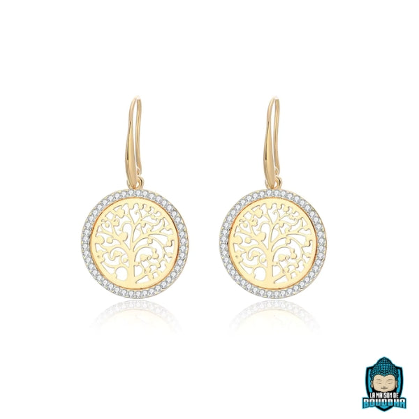 Boucles d’oreilles + Collier Arbre de Vie couleur or – Parure bouddhiste lumineuse pour bien-être et élévation spirituelle