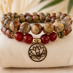 Bracelet spirituel en jaspe paysage et cornaline rouge avec symbole lotus en acier inoxydable