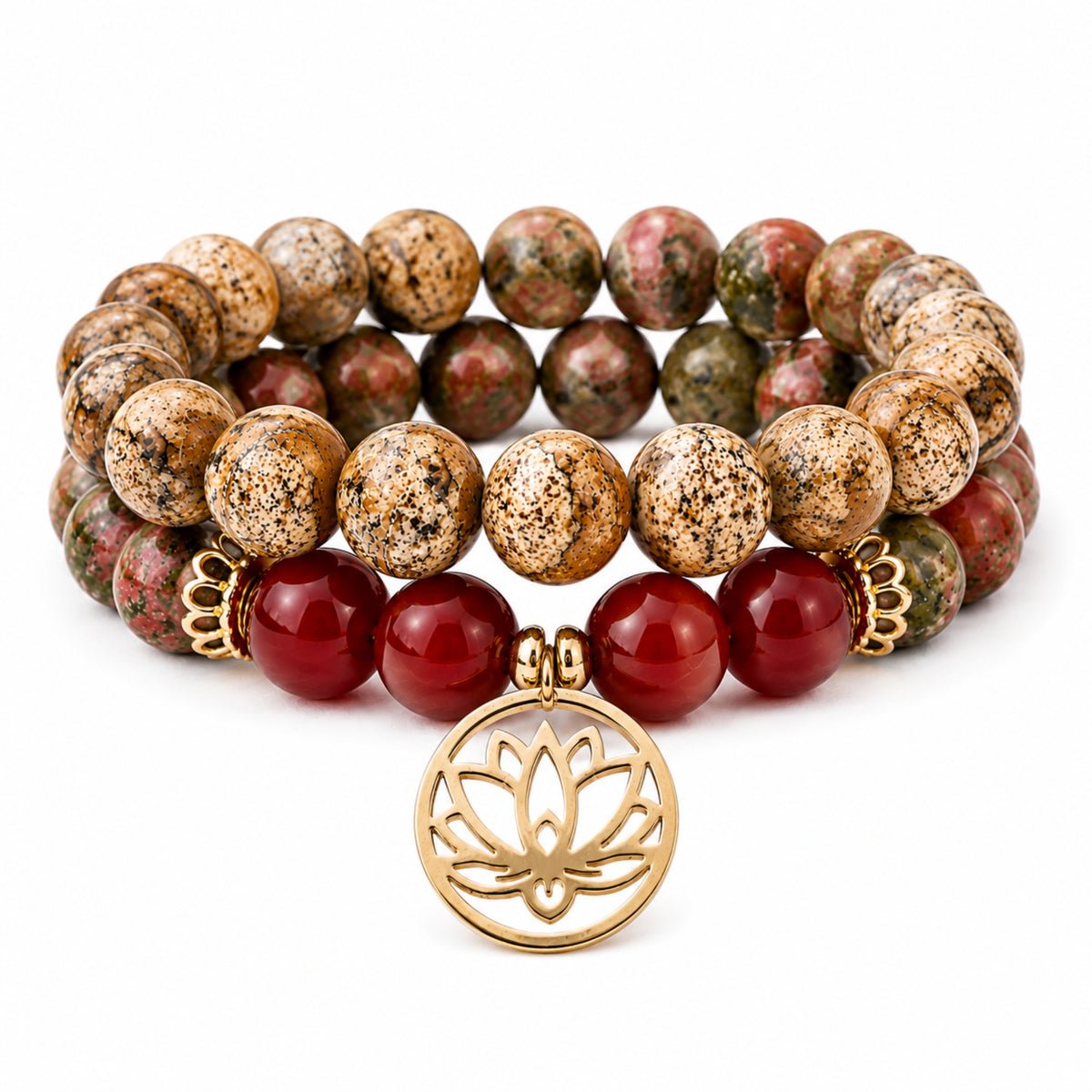 Bracelet jaspe paysage et cornaline avec pendentif lotus en acier inoxydable – pierres naturelles