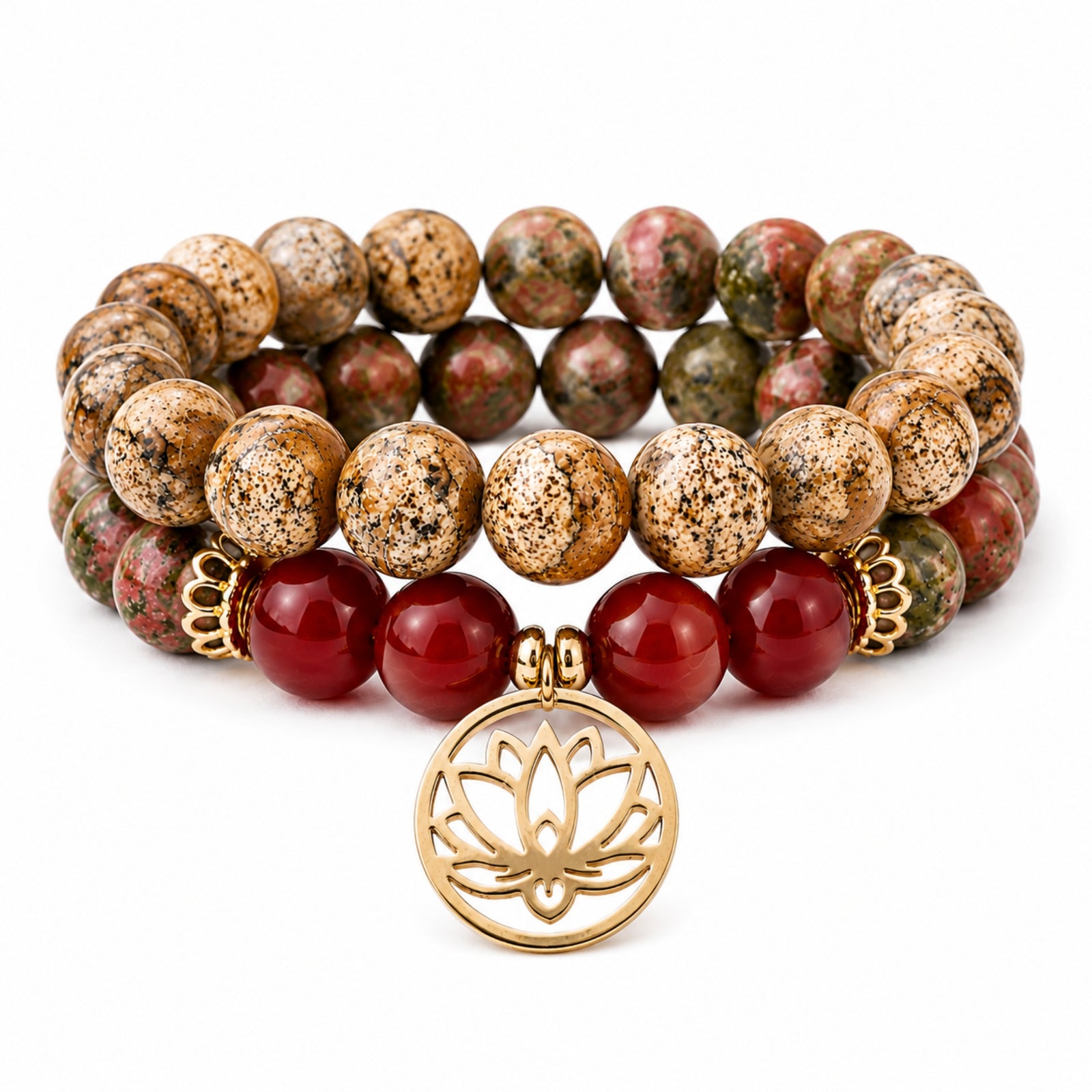 Bracelet jaspe paysage et cornaline avec pendentif lotus en acier inoxydable – pierres naturelles