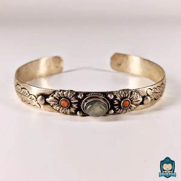 Bracelet Manchette Jonc Tibetain et Labradorite Naturelle