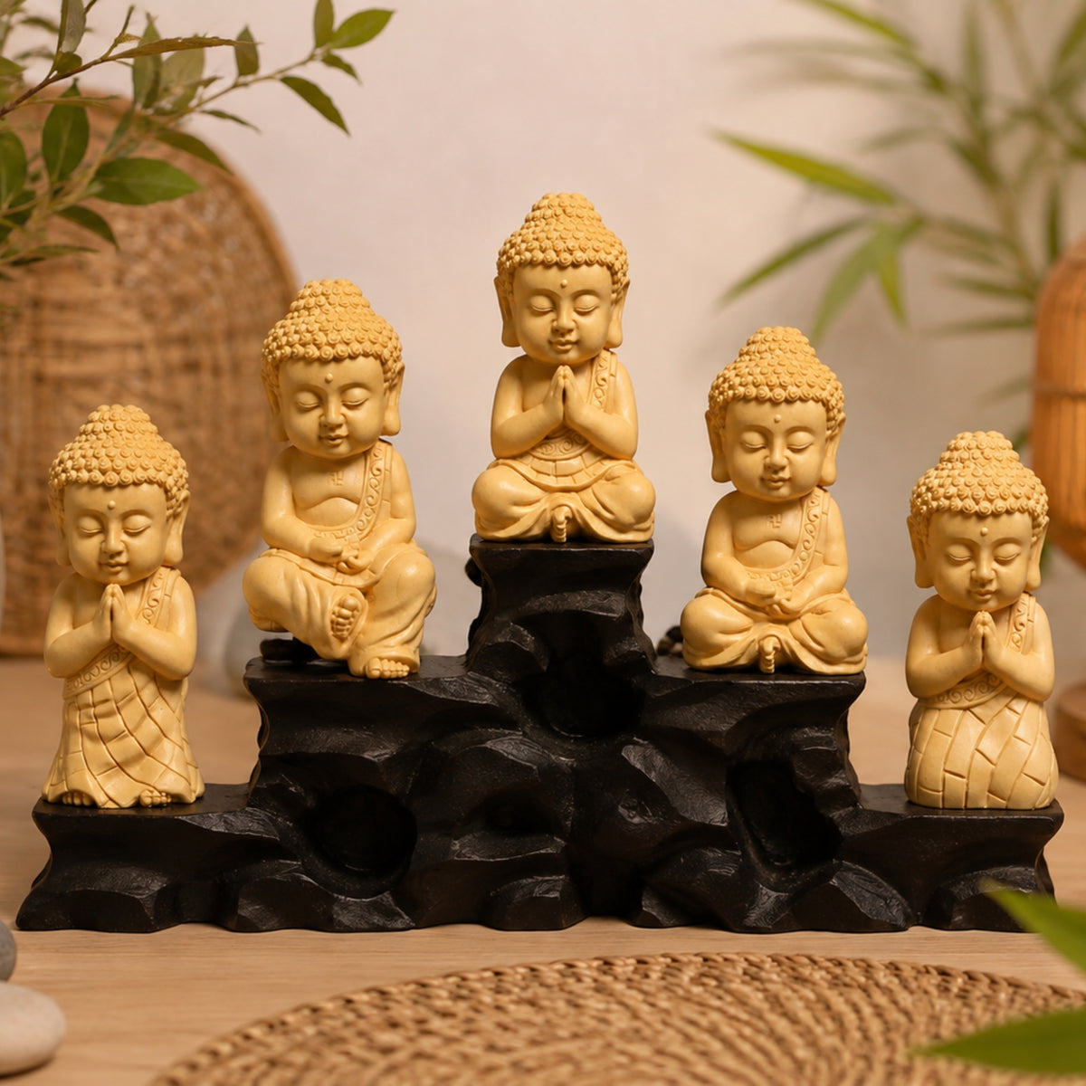 Lot de 5 Statuettes Bouddha en bois de buis, Statues A à E sur base en bois dans une décoration zen
