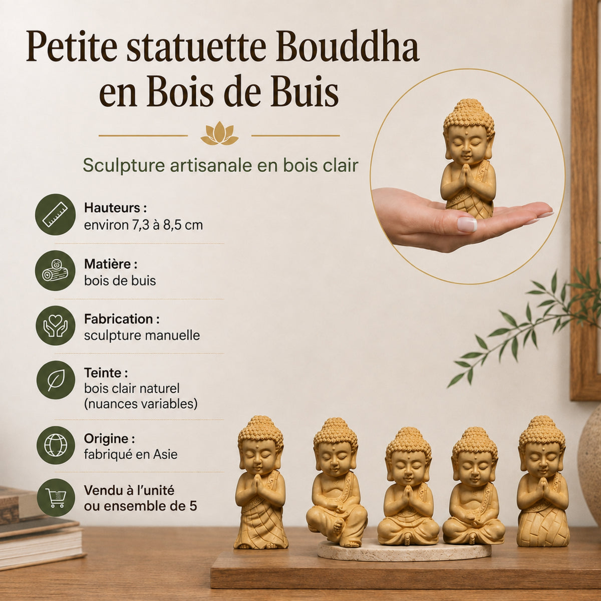 Caractéristiques du lot de 5 Statuettes Bouddha en bois de buis de 7 à 8,5 cm