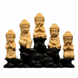 Vue de dos des Statues A, B, C, D et E du lot de 5 Statuettes Bouddha en bois de buis