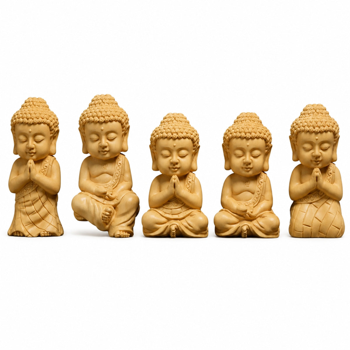 Lot de 5 Statuettes Bouddha en bois de buis, Statues A, B, C, D et E vues de face
