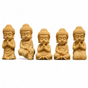 Lot de 5 Statuettes Bouddha en bois de buis, Statues A, B, C, D et E vues de face