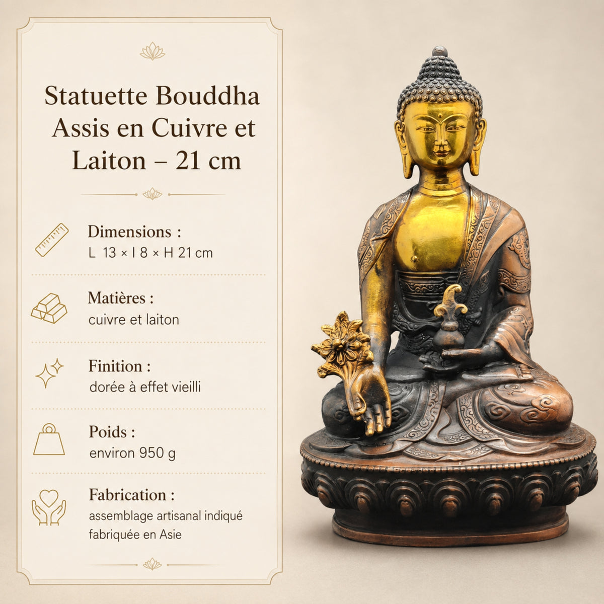 Caractéristiques de la statuette Bouddha assis en cuivre et laiton 21 cm avec dimensions, poids et fabrication