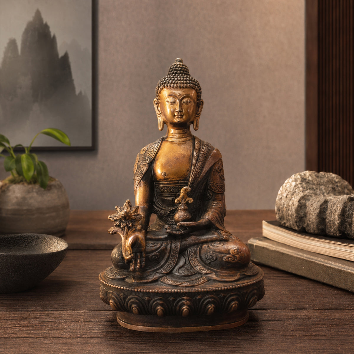 Statuette Bouddha assis en cuivre et laiton présentée dans une décoration intérieure zen