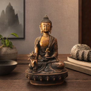 Statuette Bouddha assis en cuivre et laiton présentée dans une décoration intérieure zen