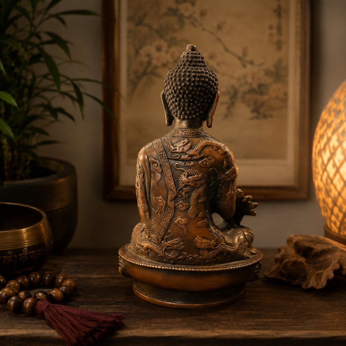 Vue arrière de la statuette Bouddha en cuivre et laiton avec motifs de dragons dans une ambiance zen