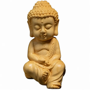 Statue B du lot de 5 Statuettes Bouddha en bois de buis, modèle assis en posture détendue