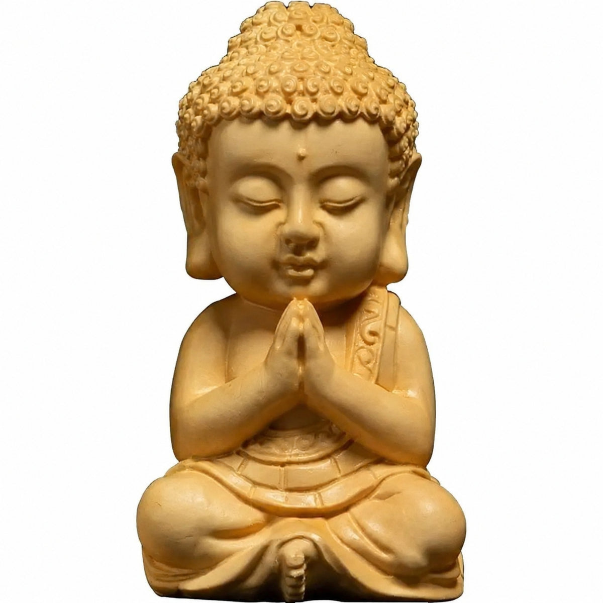 Statue C du lot de 5 Statuettes Bouddha en bois de buis, modèle assis avec les mains jointes
