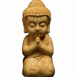 Statue E du lot de 5 Statuettes Bouddha en bois de buis, modèle avec les mains jointes
