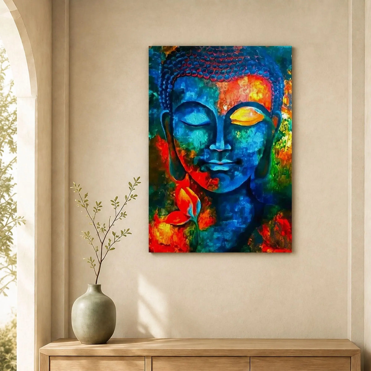Tableau Bouddha multicolore au-dessus d’un buffet en bois clair, près d’un vase et de branches végétales
