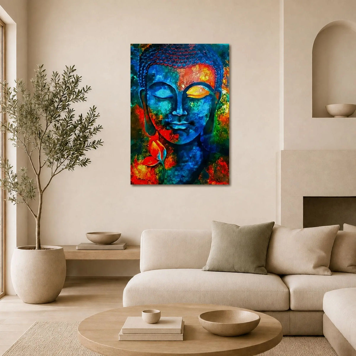 Tableau Bouddha coloré avec visage bleu et fleur de lotus, au-dessus d’un canapé ivoire dans un salon lumineux