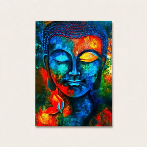 Tableau Bouddha coloré vu de face sur fond ivoire, avec un portrait bleu turquoise et une fleur de lotus rouge orangé