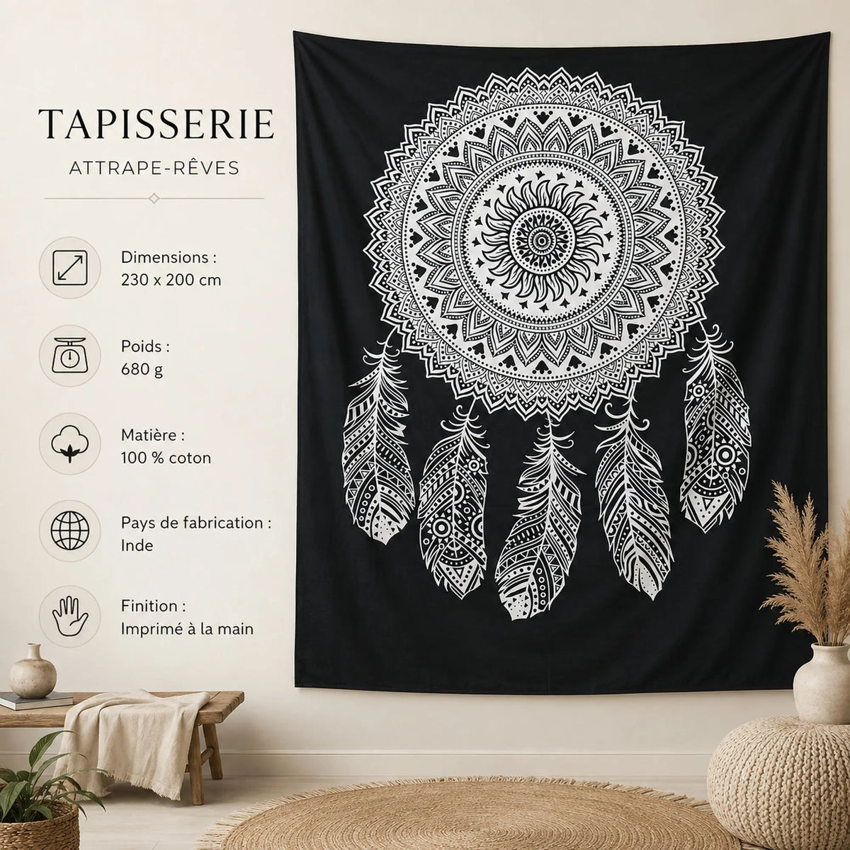 Tenture attrape-rêves mandala noir et blanc en coton avec dimensions 230 × 200 cm, poids 680 g et fabrication en Inde