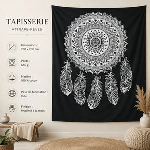 Tenture attrape-rêves mandala noir et blanc en coton avec dimensions 230 × 200 cm, poids 680 g et fabrication en Inde