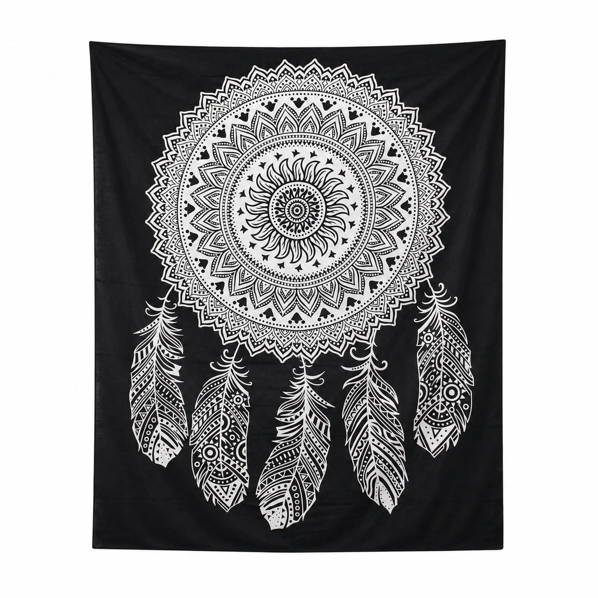 Tenture attrape-rêves mandala noir et blanc en coton, vue entière sur fond blanc, 230 × 200 cm