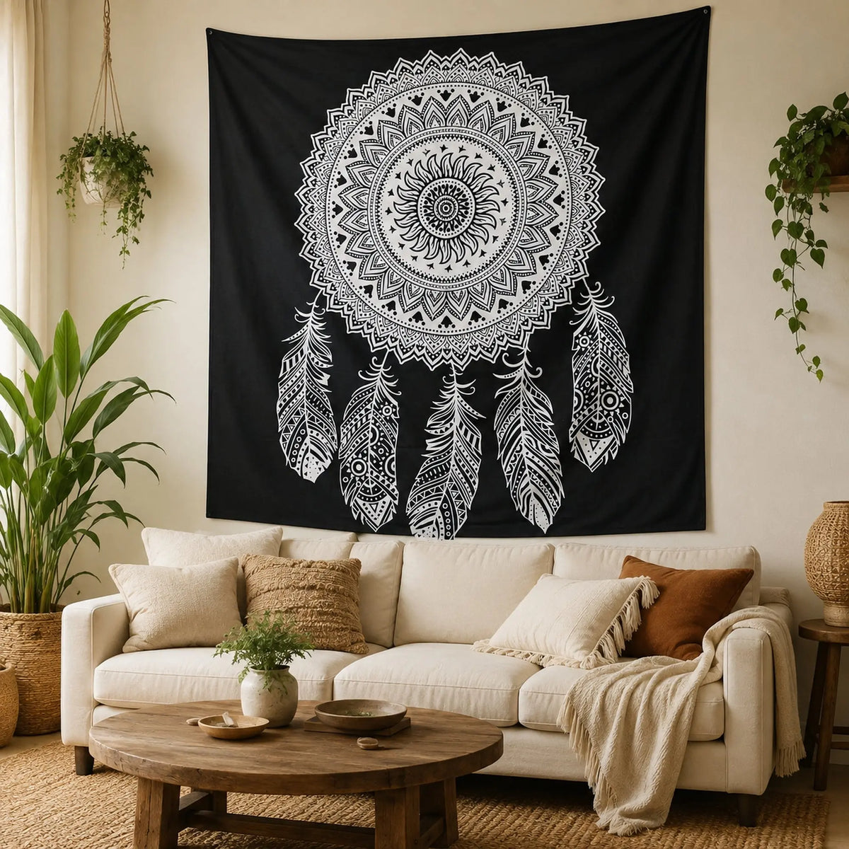 Tenture attrape-rêves mandala noir et blanc en coton dans un salon bohème zen