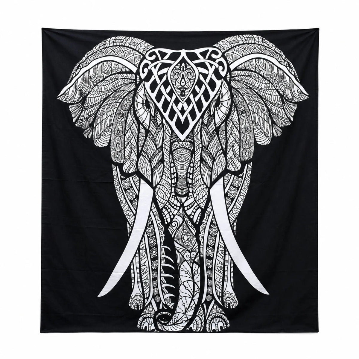 Tenture éléphant noir et blanc en coton, vue complète de face