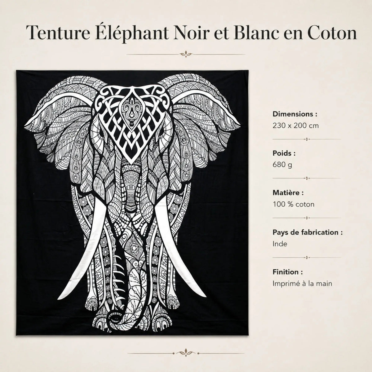 Tenture éléphant noir et blanc avec dimensions 230 x 200 cm et caractéristiques