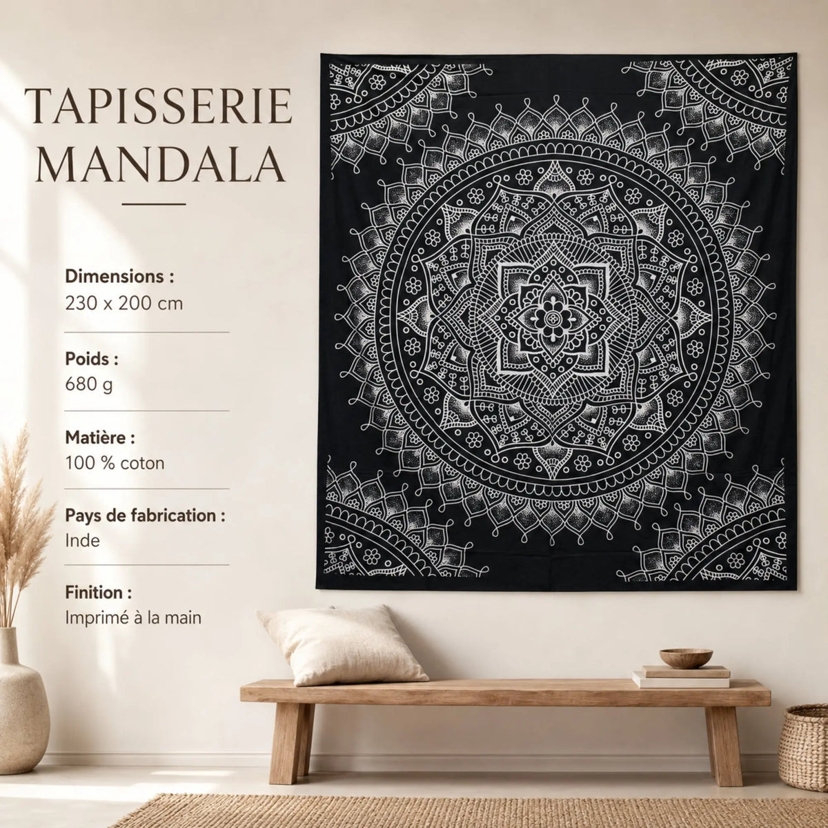 Tenture mandala fleur de lotus noir et blanc avec dimensions 230 x 200 cm et caractéristiques