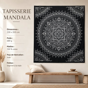 Tenture mandala fleur de lotus noir et blanc avec dimensions 230 x 200 cm et caractéristiques