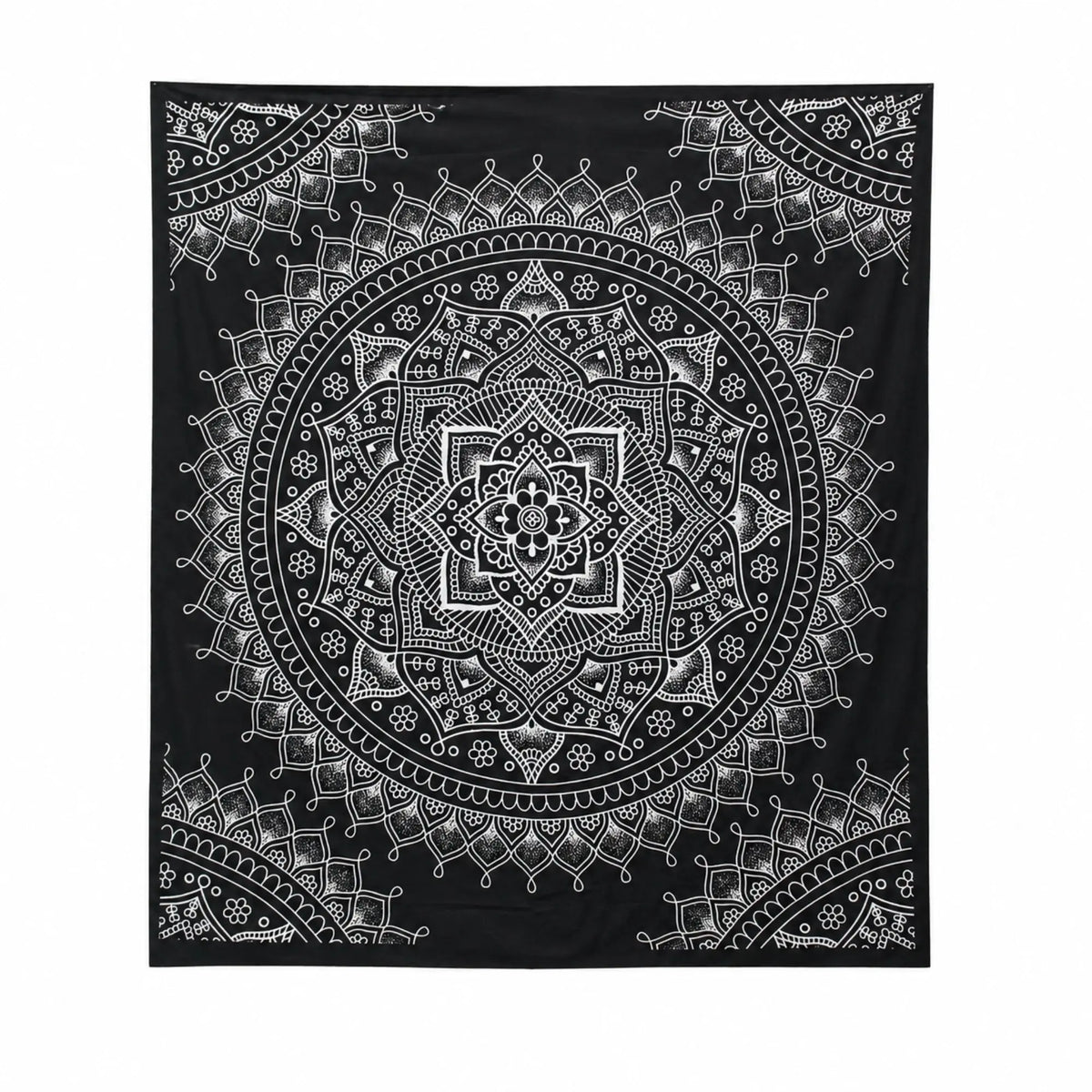 Tenture mandala fleur de lotus noir et blanc en coton, vue complète