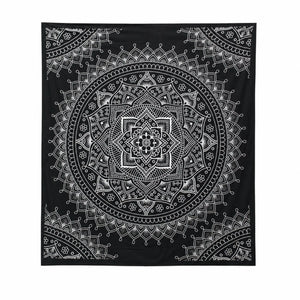 Tenture mandala fleur de lotus noir et blanc en coton, vue complète